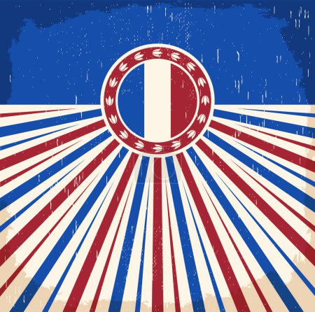 Téléchargez les illustrations : Vieille affiche France vintage avec design vectoriel de carte de couleurs drapeau français, décoration de vacances France - en licence libre de droit