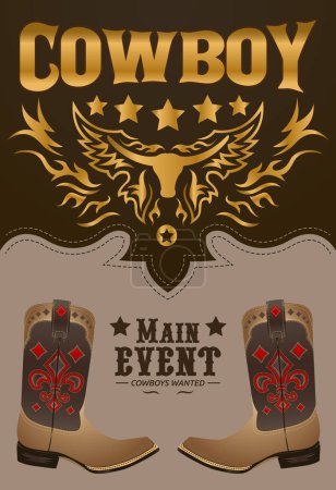 Illustration for Cowboy Main Event poster with boots template - Royalty Free Image