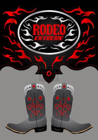 Illustration for Rodeo extreme post design with cowboy boots and flames ready for your design - Royalty Free Image