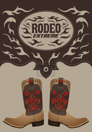 Illustration for Rodeo extreme post design with cowboy boots and flames ready for your design - Royalty Free Image
