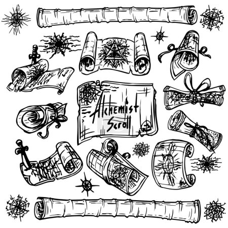 Illustration for Stylized vector set of alchemy scrolls. Tattoo, design and decor element, print - Royalty Free Image