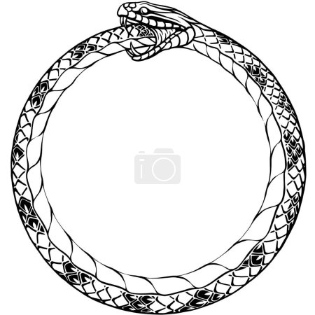 Stylized contour Ouroboros. Symbol of snake biting it's tail. Line art, sketch style, tattoo, print, design and decor elements