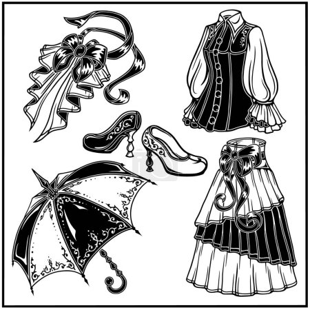 Illustration for Victorian gothic masquerade set with ornaments. Women's clothing elements for parties. Cosplay decor elements, tattoo. Highly detailed and accurate lines for print or engraving - Royalty Free Image