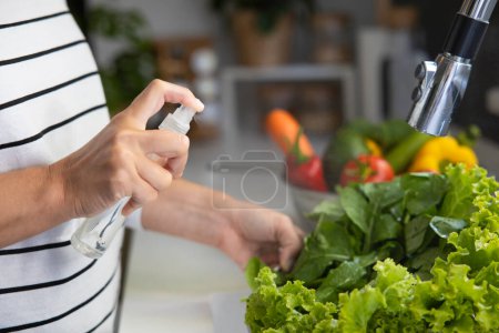 Photo for Woman spraying vinegar on vegetables at kitche - Royalty Free Image