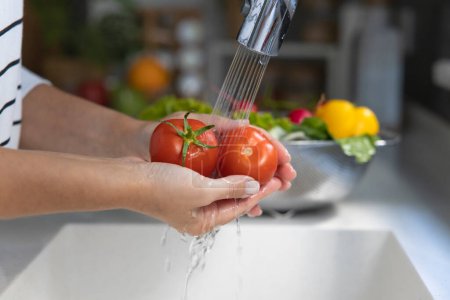 Photo for Woman washing fresh tomatoes on kitchen counte - Royalty Free Image