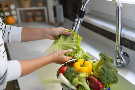 Foto de Woman washing vegetables on kitchen counte - Imagen libre de derechos