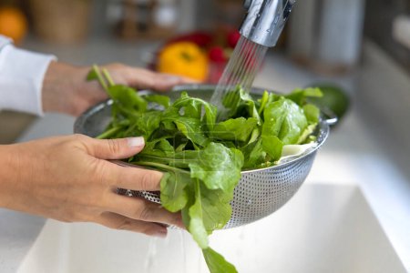 Téléchargez les photos : Jeune femme lavage vert roquette salade verts en passoire par évier de cuisine - en image libre de droit