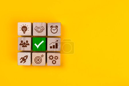 Photo for Business process management. Wooden blocks with icon business strategy on yellow backgroun - Royalty Free Image