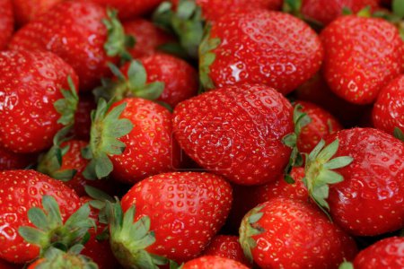 Foto de Vista superior de fresas frescas como fondo que representa el concepto de comida saludable - Imagen libre de derechos