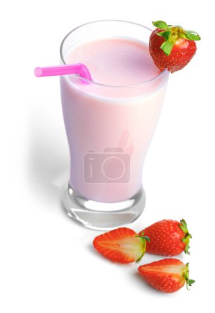 Photo for Strawberry smoothie with straw in glass and fresh strawberries isolated on white background. Pink milkshake - Royalty Free Image