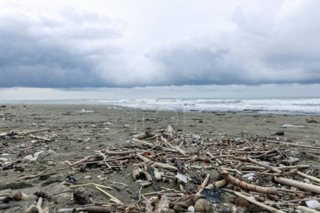 Téléchargez les photos : Paysage marin orageux avec des nuages sombres. Mer et plage ondulées - en image libre de droit