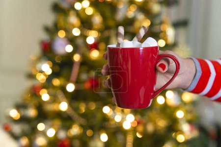 Téléchargez les photos : Main de femme avec une tasse de chocolat chaud avec guimauves devant de Noël tre - en image libre de droit