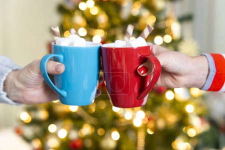 Téléchargez les photos : Femme et homme mains avec une tasse de chocolat chaud avec guimauves devant de Noël tre - en image libre de droit