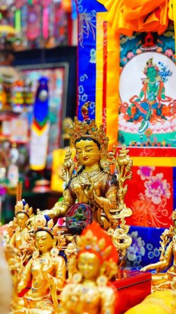 Photo for Om Tare Tuttare Ture Soha, Green Tara a female deity, who Tibetans also call Dolma, is commonly known as a Bodhisattva or Buddha of compassion and action.  A protector who comes to our aid to relieve us of physical, emotional and spiritual suffering. - Royalty Free Image