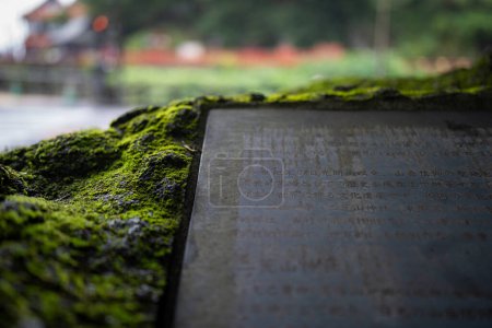 Foto de Tableta de piedra cubierta de musgo en un parque nacional en Japón - Imagen libre de derechos