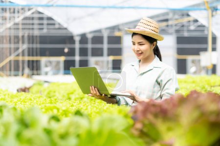 Vegetable garden owner, friendly asian woman farmer smiling and holding laptop, checking vegetables, hydroponics, organic, produce, farm, nursery, agriculture business concept. Poster 646295166