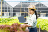 Vegetable garden owner, friendly asian woman farmer smiling and holding laptop, checking vegetables, hydroponics, organic, produce, farm, nursery, agriculture business concept. Poster #646295174