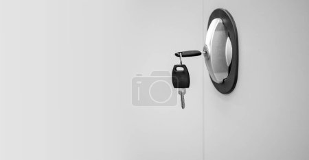 Photo for Locker changing room. Filing cabinet lock with key for safety and security system in public facility - Royalty Free Image