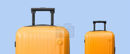 Foto de Elegantes maletas amarillas sobre fondo azul, concepto de viaje mínimo. Vacaciones de verano o invierno. Concepto de tiempo para viajar - Imagen libre de derechos