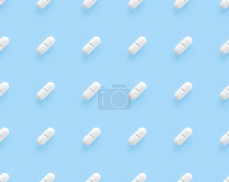 White medicine pills flat design seamless pattern. Endless texture for web, decoration, covers, pharmaceutical print design.