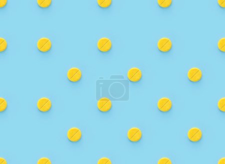 Seamless repetitive yellow pills arrangement on soft blue background. Medical pharmacy backgrounds