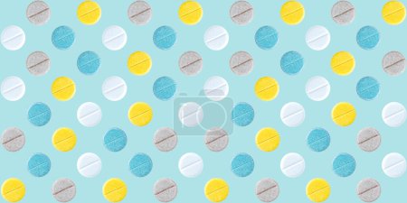 Seamless repetitive colorful round pills arrangement on soft blue background.