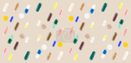 Seamless pattern of colorful pills background. Biohacking concept