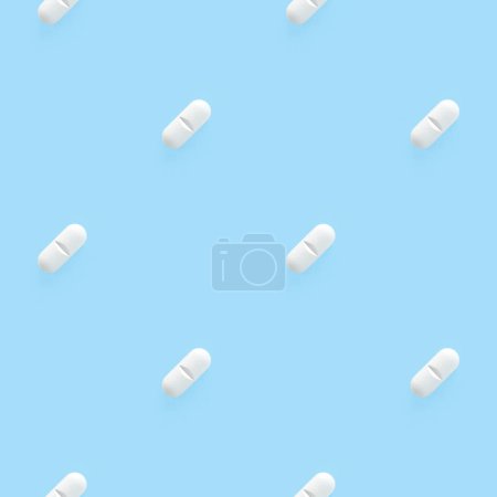 White pills on light blue background. Seamless pattern.