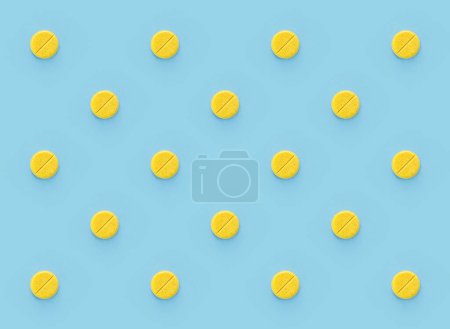 Yellow pills seamless pattern. Medical pharmacy soft blue background