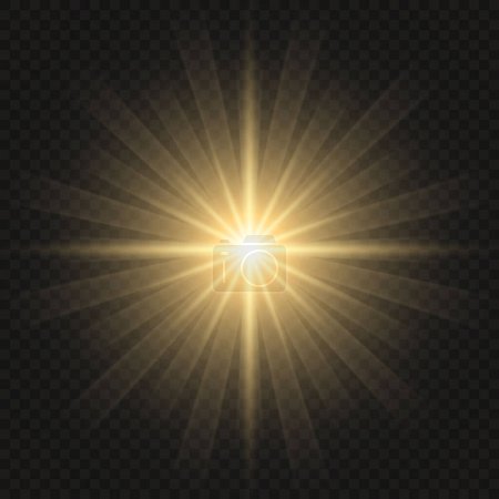 Vector de rayos de luz dorados sobre un fondo transparente. Sol brillante