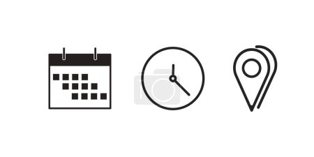 Vector illustration of a calendar with clock and position. Set of date, time and address icons