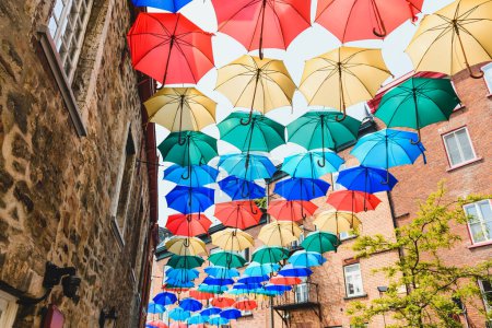 Schöne Menge Regenschirme in Petit Champlain Straße Quebec Stadt