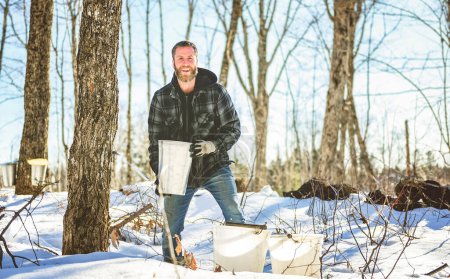 A sugar shack, a maple farmer wearing a traditional clothe working take maple water