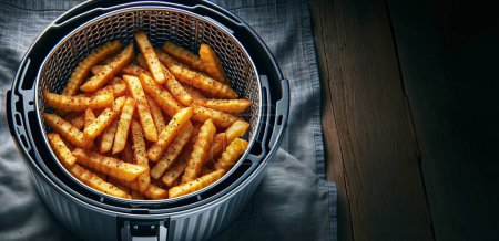 Air-Fried French Fries, air fryers basket is centered, showcasing the crinkle-cut fries with a sprinkling of seasoning.