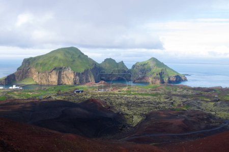Photo for Heimaey town aerial view from Eldfell volcano. Iceland landscape. Westman Islands - Royalty Free Image