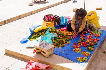 Téléchargez les photos : TARABUCO, BOLIVIE - 06 AOÛT 2017 : Tarabuco vue traditionnelle sur le marché, Bolivie. Repère bolivien. - en image libre de droit