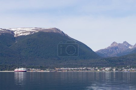 Southernmost city in the world. Puerto Williams cityscape from Beagle channel. Chile landmark