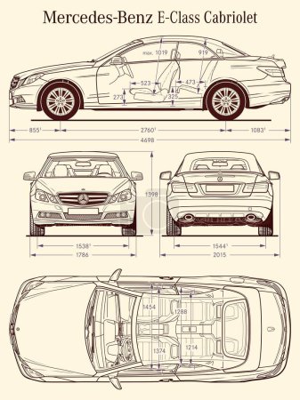 Téléchargez les illustrations : Mercedes Benz E Class Cabriolet 2010 car blueprint Fichier PDF vectoriel - en licence libre de droit