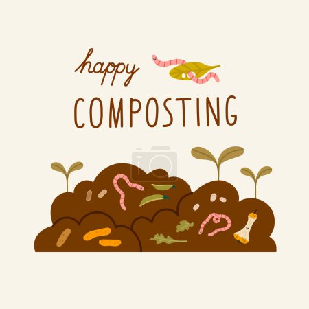Soil with composting worms, seedlings, organic waste, and hand lettering. Ecological recycling, responsible consumption. Organic waste for domestic composting.