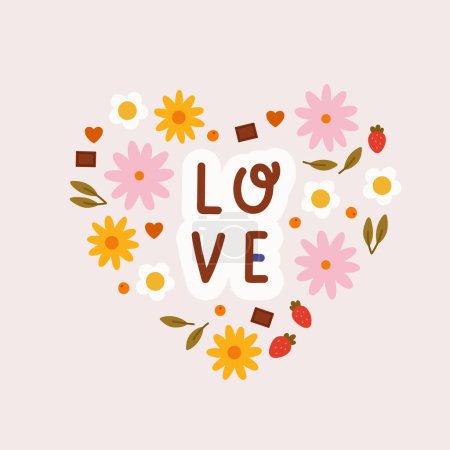 Foto de Corazón dibujado a mano con letras, flores, bayas, fresas, hojas y chocolates. Concepto de día de San Valentín, romance, amor. - Imagen libre de derechos