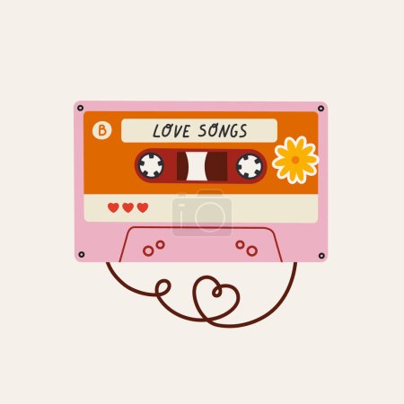 Illustration for Hand-drawn analog cassette tape with lettering and flower sticker. Concept of valentine's day, romance, love, good moments, love music. Point and shoot camera. - Royalty Free Image