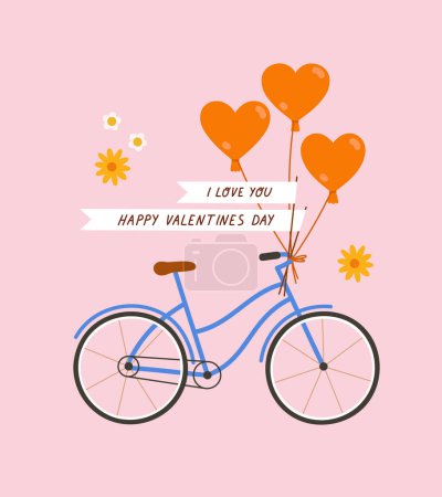 Foto de Bicicleta dibujada a mano con globos cardíacos y letras de mano. Concepto de día de San Valentín, romance, regalos, amor, sorpresa romántica, aventuras. - Imagen libre de derechos