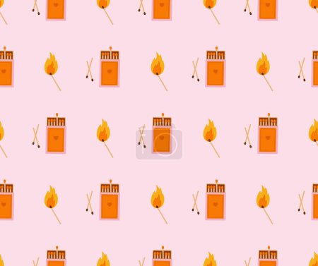 Téléchargez les illustrations : Seamless pattern of a matchbox, burnt matchstick, matchstick with fire. Concept of valentine's day, romance, good moments, love, fire, match. - en licence libre de droit