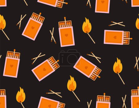 Illustration for Seamless pattern of a matchbox, burnt matchstick, matchstick with fire. Concept of valentine's day, romance, good moments, love, fire, match. - Royalty Free Image
