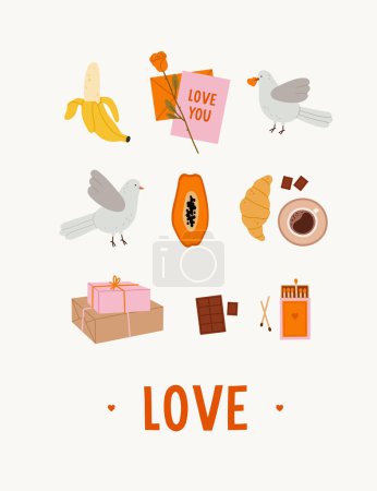 Foto de Valentine's day cards with hand lettering. Banana, papaya, much box, gift boxes, bird, rose, love letter, coffee cup. Concept of valentine's day, romance, love. - Imagen libre de derechos