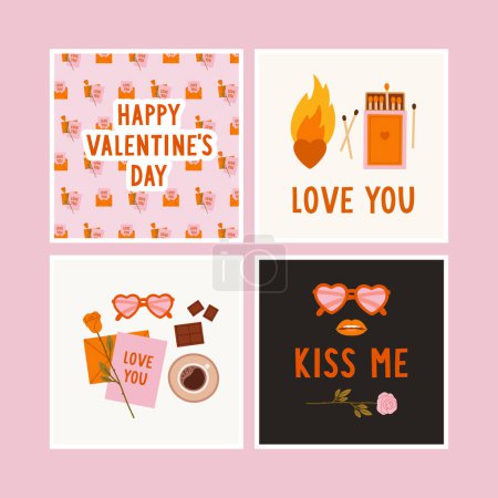 Foto de Valentine's Day holiday square templates. Social media posts with a love letter, rose, lips, matchbox, and fire. Concept of romance, love. Vector illustration. - Imagen libre de derechos
