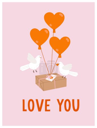 Foto de Hand-drawn gift box with balloons, birds, and hand lettering. Concept of valentine's day, romance, gifts, love. - Imagen libre de derechos