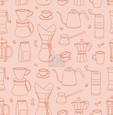 Illustration for Seamless pattern of coffee equipment and tools for brewing coffee. Line art. Vector illustration for coffee shops, cafes, and restaurants. - Royalty Free Image