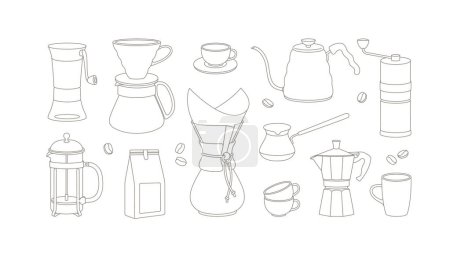 Téléchargez les illustrations : Hand-drawn set of coffee equipment and tools for brewing coffee. Line art. Vector illustration for coffee shops, cafes, and restaurants. - en licence libre de droit