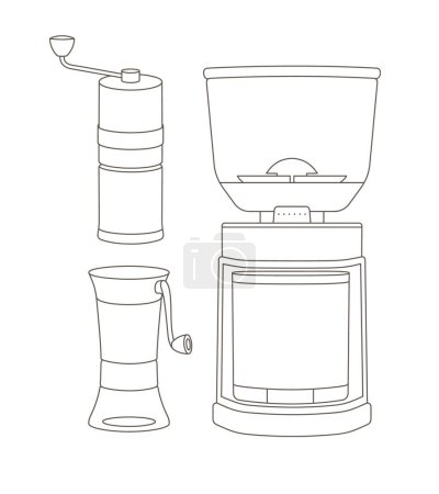 Ilustración de Hand-drawn set of coffee grinders. Line art. Vector illustration for coffee shops, cafes, and restaurants. - Imagen libre de derechos